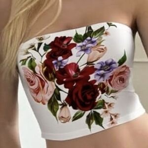 Floral Strapless Top - White with Red and Purple Flowers